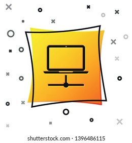 Black Computer network icon isolated on white background. Laptop network. Internet connection. Yellow square button. Vector Illustration