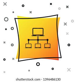 Black Computer network icon isolated on white background. Laptop network. Internet connection. Yellow square button. Vector Illustration