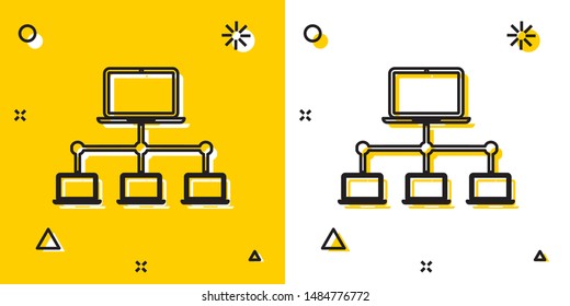 Black Computer network icon isolated on yellow and white background. Laptop network. Internet connection. Random dynamic shapes. Vector Illustration
