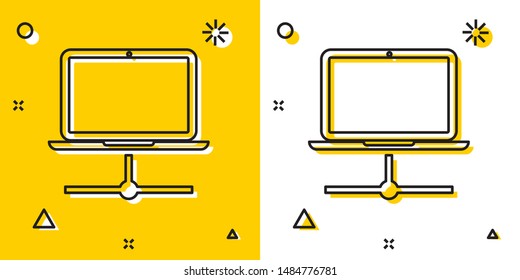 Black Computer network icon isolated on yellow and white background. Laptop network. Internet connection. Random dynamic shapes. Vector Illustration