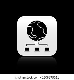 Black Computer network icon isolated on black background. Online gaming. Laptop network. Internet connection. Silver square button. Vector Illustration