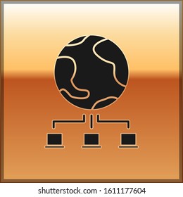 Black Computer network icon isolated on gold background. Online gaming. Laptop network. Internet connection.  Vector Illustration