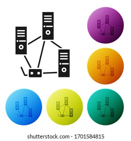 Black Computer network icon isolated on white background. Laptop network. Internet connection. Set icons in color circle buttons. Vector Illustration