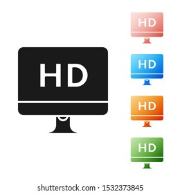 Black Computer PC monitor display with HD video technology icon isolated on white background. Set icons colorful. Vector Illustration