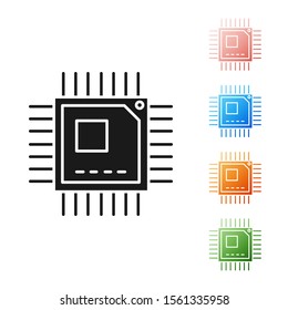 Black Computer processor with microcircuits CPU icon isolated on white background. Chip or cpu with circuit board sign. Micro processor. Set icons colorful. Vector Illustration