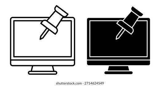Paquete de icono de pin de empuje de computadora negro que representa funciones de fijación, marcado, notas y organización de tareas.