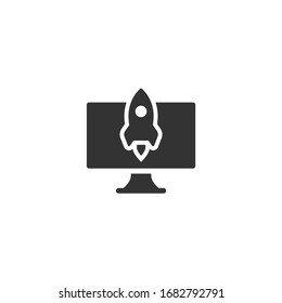 black computer with rocket or shuttle flying out. workplace on white background. freelancer, designer, writer job. Vector flat illustration. Creative work or study. Imagination, inspiration. Start up.