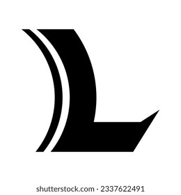Black Concave Lens Shaped Letter L Icon on a White Background