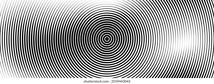 Black concentric circle background. Radial geometric pattern texture. Line epicenter, radar or target concept. Round rippled ring wallpaper for brochure, template, poster, overlay. Vector backdrop