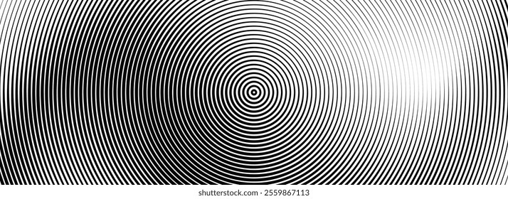 Black concentric circle background. Radial geometric pattern texture. Line epicenter, radar or target concept. Round rippled ring wallpaper for brochure, banner, poster, overlay. Vector backdrop