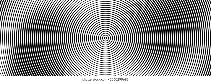 Black concentric circle background. Radial geometric pattern wallpaper. Line epicenter, radar or target concept. Round rippled ring backdrop for brochure, banner, poster, overlay. Vector texture