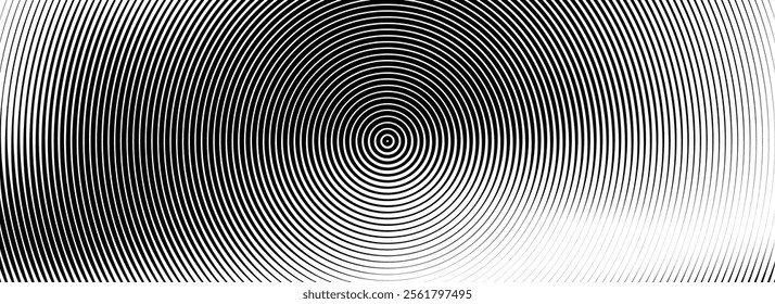 Black concentric circle background. Radial geometric pattern wallpaper. Linear epicenter, radar or target concept. Round rippled ring backdrop for brochure, banner, poster, overlay. Vector texture