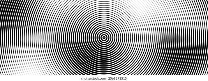 Black concentric circle background. Radial geometric pattern wallpaper. Linear epicenter, radar or target concept. Round rippled ring backdrop for brochure, banner, poster, overlay. Vector texture