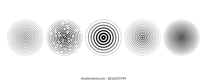 Black concentric circle collection. Dotted and dashed round sound wave set. Epicenter, target, radar, sonar icon concept. Radial radio signal or vibration elements. Linear halftone symbols. Vector