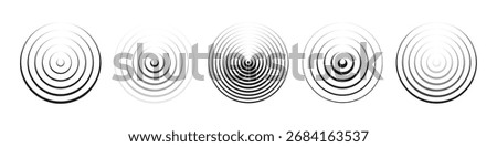 Black concentric circle icons with gradient thickness and contrast. Round sound wave patterns. Pain symbols. Simple monochrome graphic set. Vector illustration.