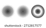 Black concentric circle set. Dotted and linear epicentre, target, radar icon concept. Ripple radial signal or vibration elements. Vector halftone symbols