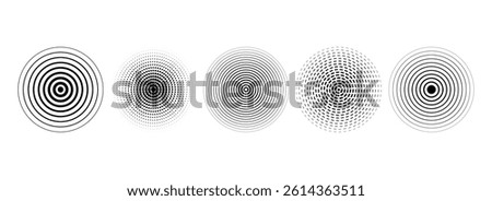Black concentric circle set. Dotted and dashed sound wave ring collection. Epicenter, target, radar, sonar icon concept. Radial radio signal or vibration elements. Linear halftone symbols. Vector