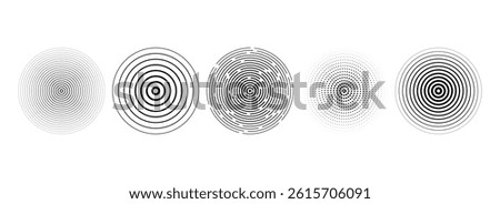 Black concentric circle set. Dotted and dashed round sound wave collection. Epicenter, target, radar, sonar icon concept. Radial radio signal or vibration elements. Linear halftone symbols. Vector