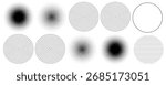 Black concentric circle set. Sonar or sound wave ring collection. Dotted and linear epicentre, target, radar icon concept. Ripple radial signal or vibration elements. Vector line and halftone symbols