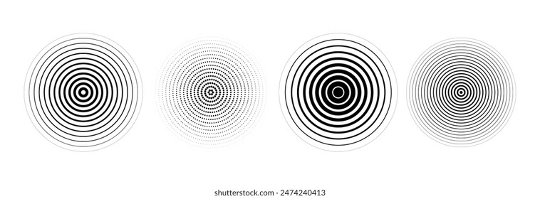 Black concentric circle set. Sonar or sound wave ring collection. Dotted and linear epicentre, target, radar icon concept. Ripple radial signal or vibration elements. Vector line and halftone symbols