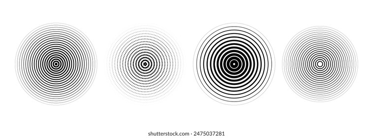 Black concentric circle set. Sonar or sound wave ring collection. Halftone and linear epicentre, target, radar icon concept. Ripple radial signal or vibration elements. Vector line and dotted symbols