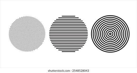 Schwarzer konzentrischer Kreis. Sonar- oder Schallwellenringsammlung. Gepunktetes und lineares Epizentrum, Ziel, Radarsymbolkonzept. Radiale Signal- oder Vibrationselemente rippen.