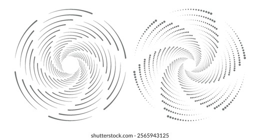 Black concentric circle set. Sonar or sound wave ring collection. Dotted and linear epicentre, target, radar icon concept. Ripple radial signal or vibration elements. Vector line and halftone symbols