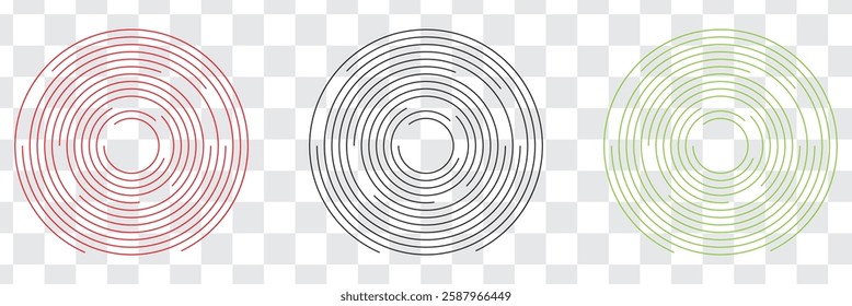 Black concentric circle set. Sonar or sound wave ring collection. Dotted and linear epicentre, target, radar icon concept. Ripple radial signal or vibration elements. Vector line and halftone symbols