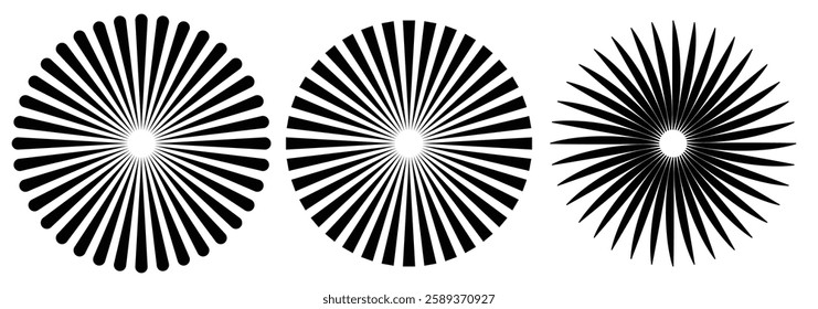 Black concentric circle set. Sonar or sound wave ring collection. Dotted and linear epicentre, target, radar icon concept. Spokes with radiating stripes. Abstract illusion geometric shapes. EPS 10. 