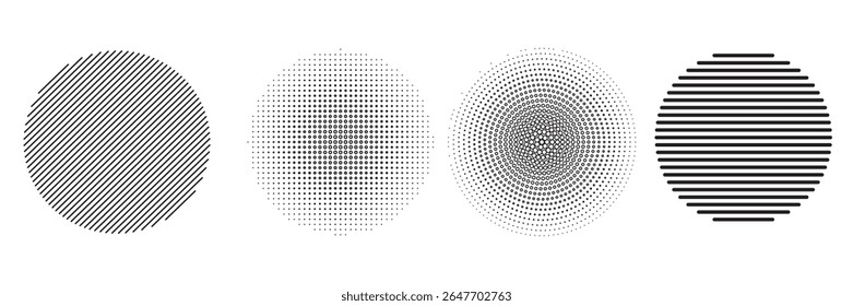 Conjunto de círculo concêntrico preto. Sonar ou coleção de anéis de onda de som. Conceito pontilhado e linear de ícone de epicentro, alvo e radar. Ondulação de elementos radiais ou vibração. Símbolos de linha e meio-tom de vetor