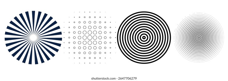 Conjunto de círculo concêntrico preto. Sonar ou coleção de anéis de onda de som. Épico pontilhado e linear, alvo, conceito de ícone de radar. Ondulação de elementos radiais ou vibração. Símbolos de linha de vetor e de meio-tom. 