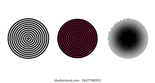 Black concentric circle set. Sonar or sound wave ring collection. Dotted and linear epicentre, target, radar icon concept. Ripple radial signal or vibration elements. Vector line and halftone symbols