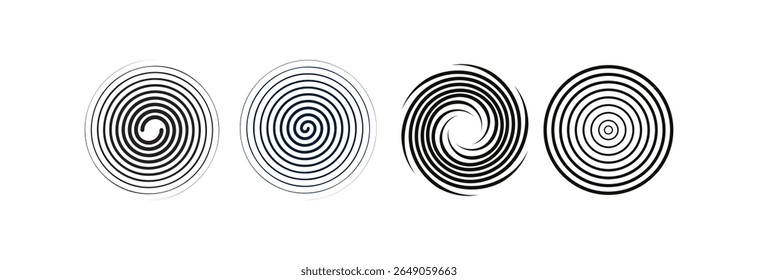 Conjunto de círculo concêntrico preto. Sonar ou coleção de anéis de onda de som. Conceito pontilhado e linear de ícone de epicentro, alvo e radar. Ondulação de elementos radiais ou vibração. Símbolos de linha e meio-tom de vetor