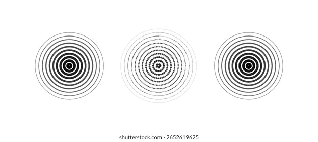 Conjunto de círculo concêntrico preto. Sonar ou coleção de anéis de onda de som. Conceito pontilhado e linear de ícone de epicentro, alvo e radar. Ondulação de elementos radiais ou vibração. Símbolos de linha e meio-tom de vetor