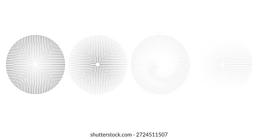 Schwarzer konzentrischer Kreis. Sonar- oder Schallwellenringsammlung. Halftone und lineares Epizentrum, Ziel, Radarsymbol-Konzept. Radiale Signal- oder Vibrationselemente rippen. Vektorlinie und gepunktete Symbole