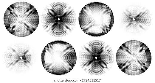 Black concentric circle set. Sonar or sound wave ring collection. Halftone and linear epicentre, target, radar icon concept. Ripple radial signal or vibration elements. Vector line and dotted symbols