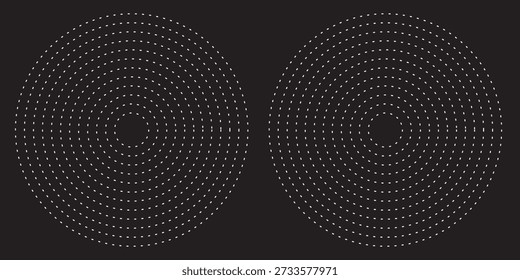 Schwarzer konzentrischer Kreis. Sonar- oder Schallwellenringsammlung. Gepunktetes und lineares Epizentrum, Ziel, Radarsymbolkonzept. Radiale Signal- oder Vibrationselemente rippen. Vektorlinien- und Rastersymbole