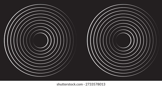Schwarzer konzentrischer Kreis. Sonar- oder Schallwellenringsammlung. Gepunktetes und lineares Epizentrum, Ziel, Radarsymbolkonzept. Radiale Signal- oder Vibrationselemente rippen. Vektorlinien- und Rastersymbole