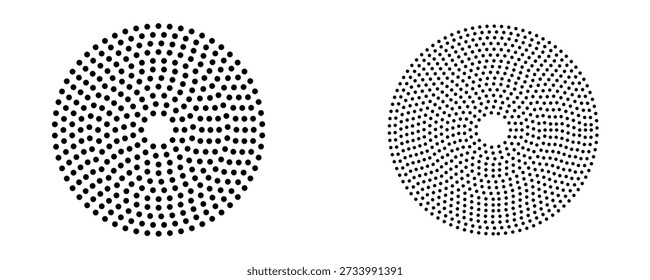 Schwarzer konzentrischer Kreis. Sonar- oder Schallwellenringsammlung. Gepunktetes und lineares Epizentrum, Ziel, Radarsymbolkonzept. Radiale Signal- oder Vibrationselemente rippen.