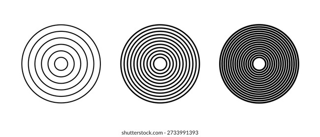Schwarzer konzentrischer Kreis. Sonar- oder Schallwellenringsammlung. Gepunktetes und lineares Epizentrum, Ziel, Radarsymbolkonzept. Radiale Signal- oder Vibrationselemente rippen.