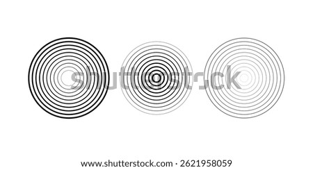 Black concentric circle set. Sonar or sound wave ring collection. Dotted and linear epicentre, target, radar icon concept. Ripple radial signal or vibration elements