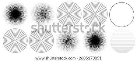 Black concentric circle set. Sonar or sound wave ring collection. Dotted and linear epicentre, target, radar icon concept. Ripple radial signal or vibration elements. Vector line and halftone symbols