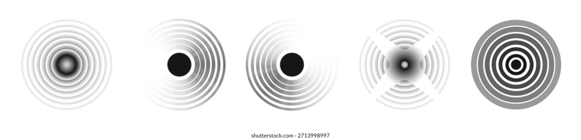 Círculo concéntrico negro. Colección de anillo de onda sonora. Concepto de epicentro punteado y lineal. Ondulación de Elementos de vibración radial. Vector