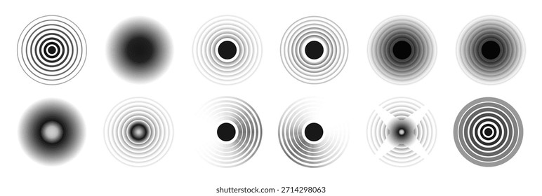 Black concentric circle. Sonar sound wave ring collection. Dotted and linear epicenter concept. Ripple radial vibration elements. Vector