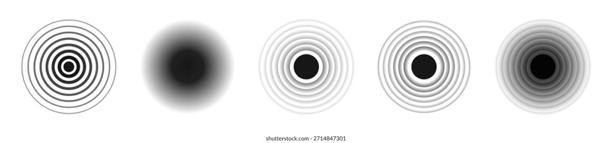 Schwarzer konzentrischer Kreis. Sonar Schallwellenring Sammlung. Gestricheltes und lineares Epizentrumskonzept. Radiale Vibrationselemente rippen. Vektorgrafik