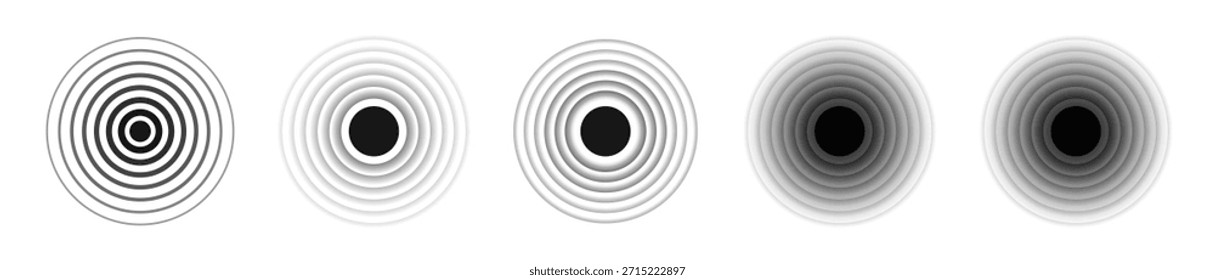 Black concentric circle. Sonar sound wave ring collection. Dotted and linear epicenter concept. Ripple radial vibration elements. Vector