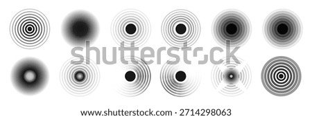 Black concentric circle. Sonar sound wave ring collection. Dotted and linear epicenter concept. Ripple radial vibration elements. Vector