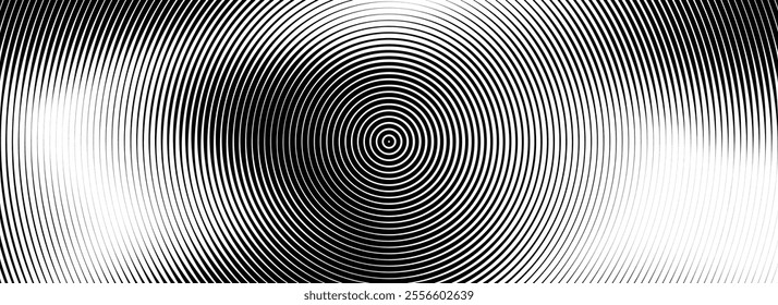 Black concentric circle texture. Radial geometric pattern background. Linear epicenter, target, radar concept. Round ripple halftone ring wallpaper for brochure, template, poster, overlay. Vector