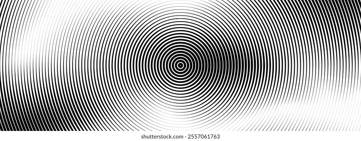 Black concentric circle texture. Radial geometric pattern background. Linear epicenter, radar, target concept. Round rippled halftone ring wallpaper for brochure, template, poster, overlay. Vector