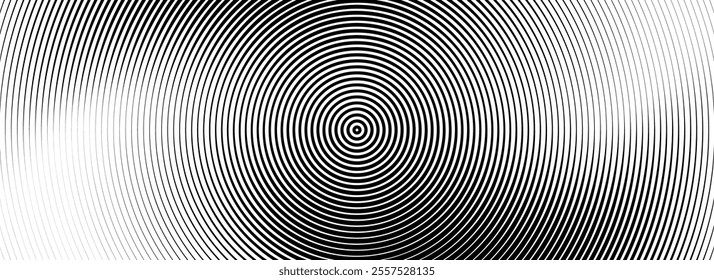 Black concentric circle texture. Radial geometric pattern background. Linear epicenter, radar or target concept. Round rippled ring wallpaper for brochure, template, poster, overlay. Vector